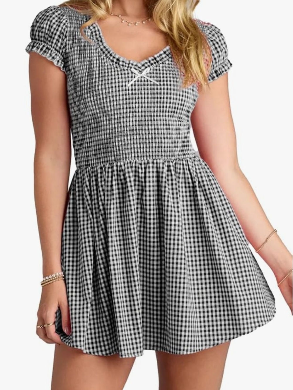 Black And White Gingham Mini Dress V Neck Puff Sleeve Smocked